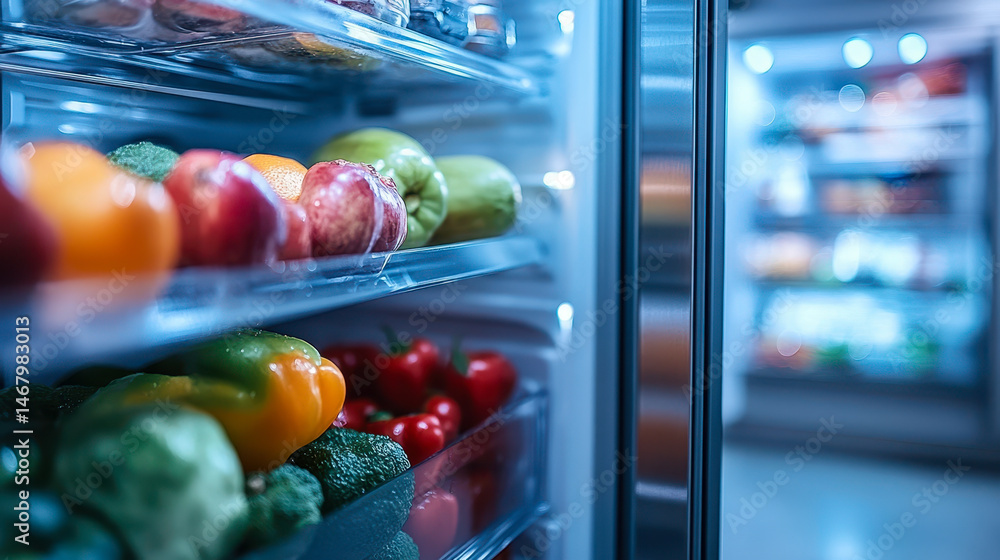 Close-up of Organized Modern Refrigerator with Fresh Fruits and Vegetables, Healthy Diet, Cold Storage, Kitchen
