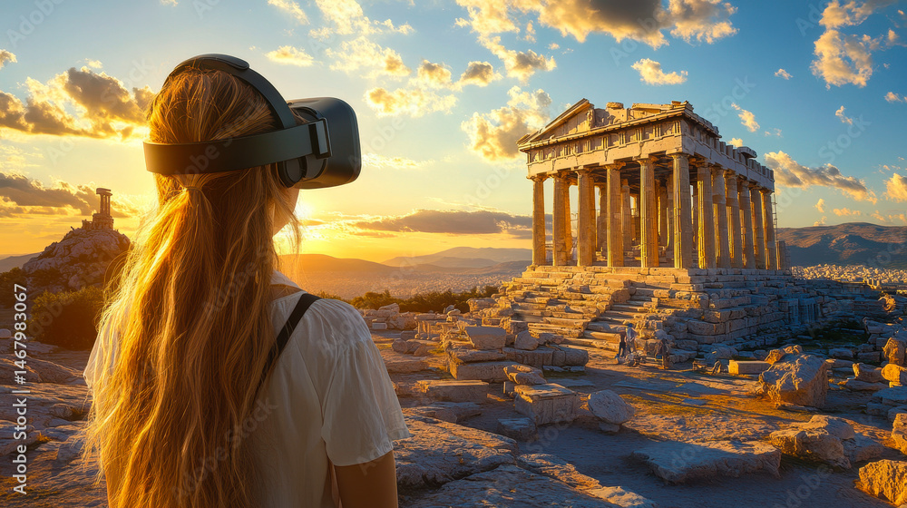 Young Woman Experiencing Ancient Greek Temple Through Virtual Reality Technology, Immersive Historical Gaming Concept at Sunset