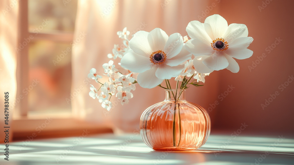Elegant White Anemone Flowers in Peach-Toned Vase on Minimalistic Decor Backdrop with Soft Light