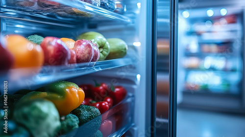 Obraz na płótnie Close-up of Organized Modern Refrigerator with Fresh Fruits and Vegetables, Healthy Diet, Cold Storage, Kitchen w salonie