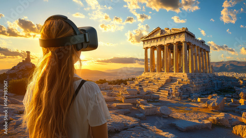 Obraz na płótnie Young Woman Experiencing Ancient Greek Temple Through Virtual Reality Technology, Immersive Historical Gaming Concept at Sunset w salonie