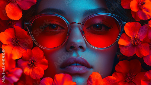 Modern Pop Art Portrait Collage: Woman in Red Sunglasses Surrounded by Vibrant Flowers - Retro Concept Contemporary Poster Artwork Highlighting Feminine Beauty and Bold Colors