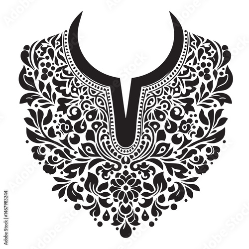 Elegant black and white floral neckline ornament design for fashion or decorative purposes