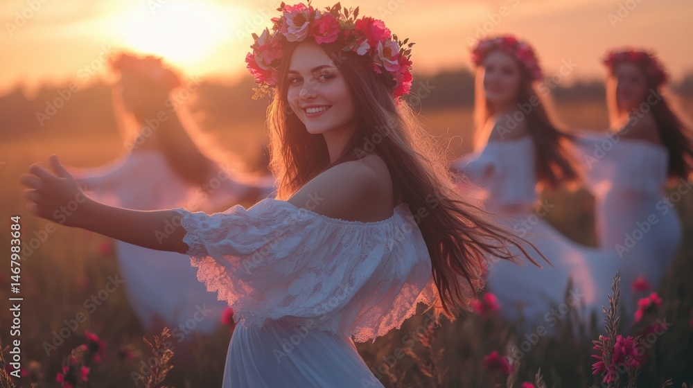 Joyful Girls in Flowing Dresses with Flower Crowns Dancing in Meadow Light During Golden Summer Solstice