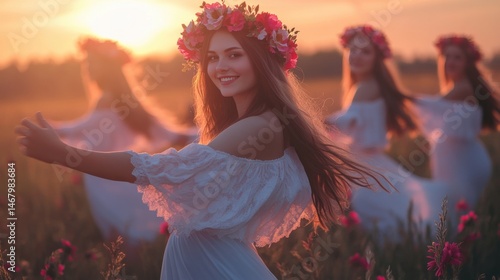 Obraz na płótnie Joyful Girls in Flowing Dresses with Flower Crowns Dancing in Meadow Light During Golden Summer Solstice w salonie