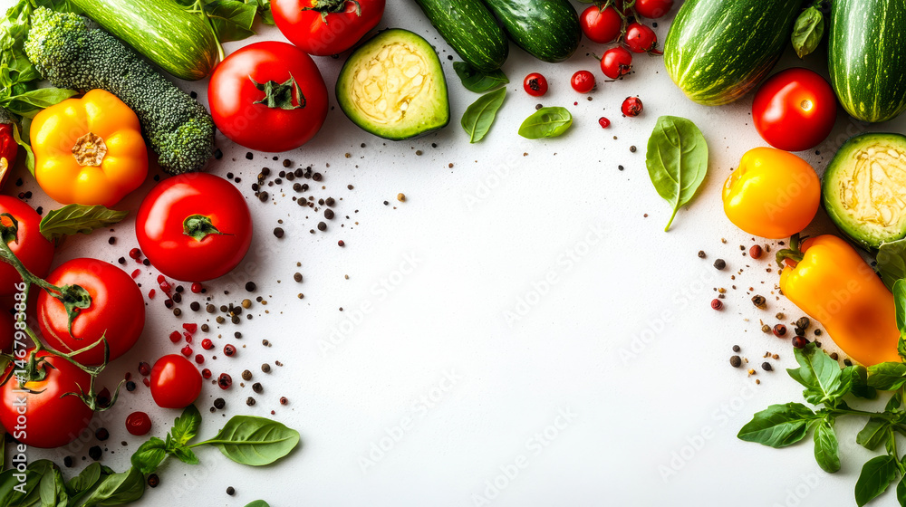 Fresh Organic Vegetables on White Background with Copy Space for Healthy Eating and Food Concept, Including Tomatoes, Peppers, Zucchini, Broccoli, and Greens