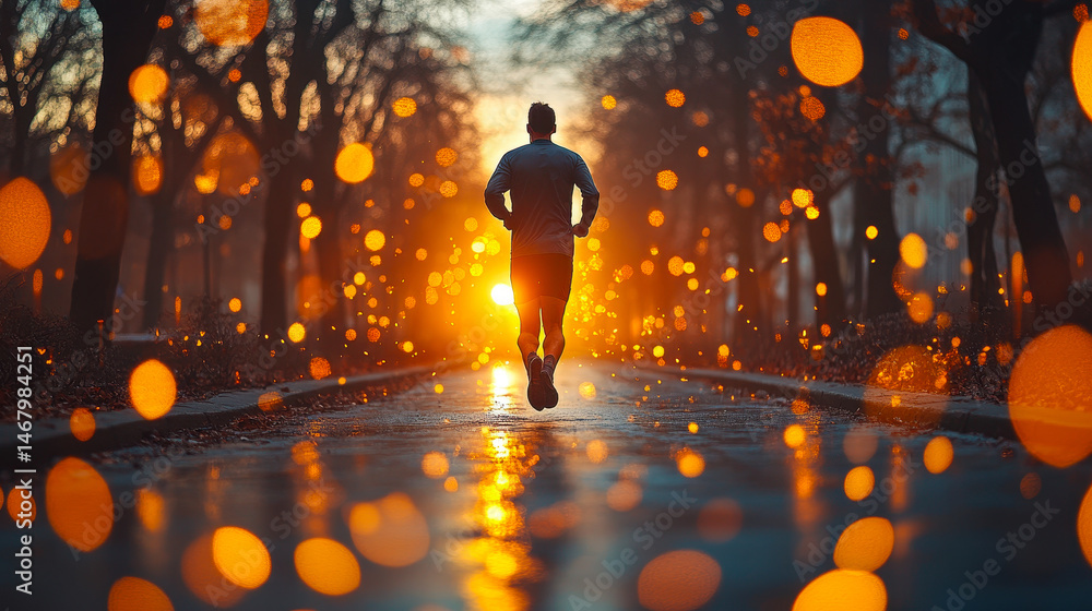 Jogger at Sunrise: New Year Motivation and Vision for 2024 with Leader's Determination on Urban Street
