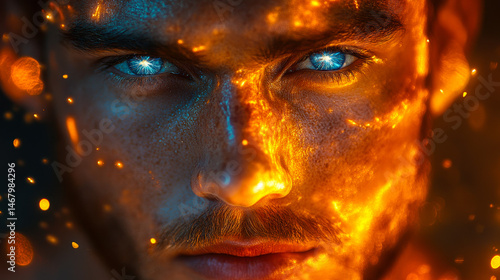 Obraz na płótnie Portrait of heroic man with glowing blue eyes and vivid orange superpowers, intense close-up of a handsome superhero showcasing fiery energy, ideal for themes of power, strength, and fantasy realism w salonie