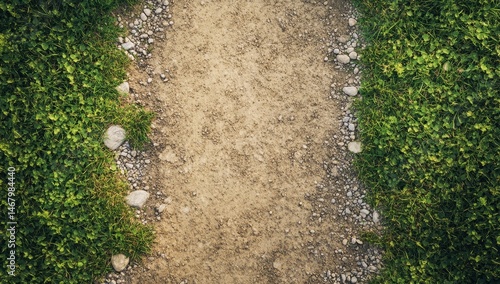 A narrow dirt path flanked by lush green grass, showing small stones embedded in the path and along its edges