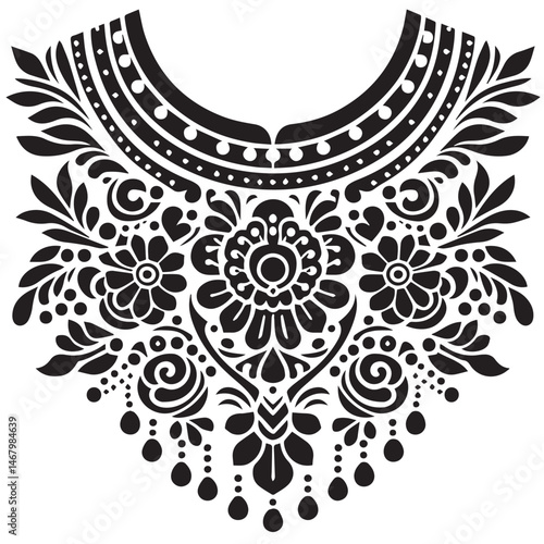 Elegant floral necklace design with detailed black and white decorative elements isolated