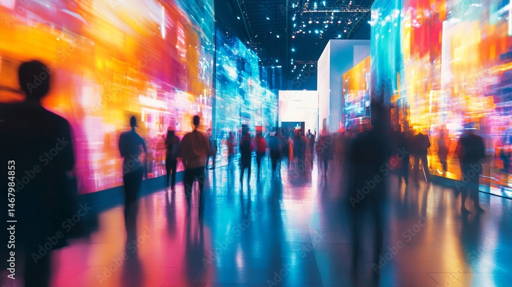 Fototapeta premium Vibrant abstract imagery showcasing a crowd in motion against a backdrop of illuminated, colorful displays, creating a dynamic atmosphere that captures technology and modern life.