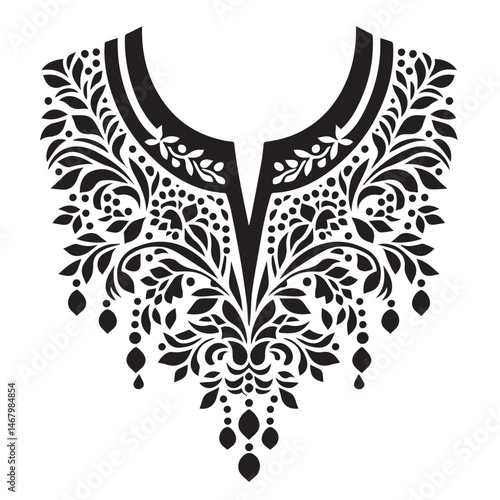 Elegant black and white floral neckline design for fashion and apparel decoration