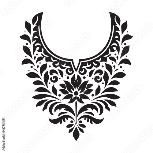 Elegant floral neckline design in black and white for fashion apparel and embroidery