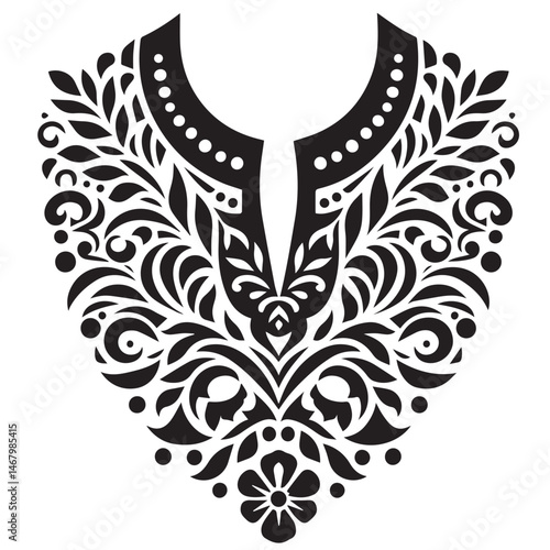 Elegant black and white ornamental neckline design with floral and swirl decorative elements
