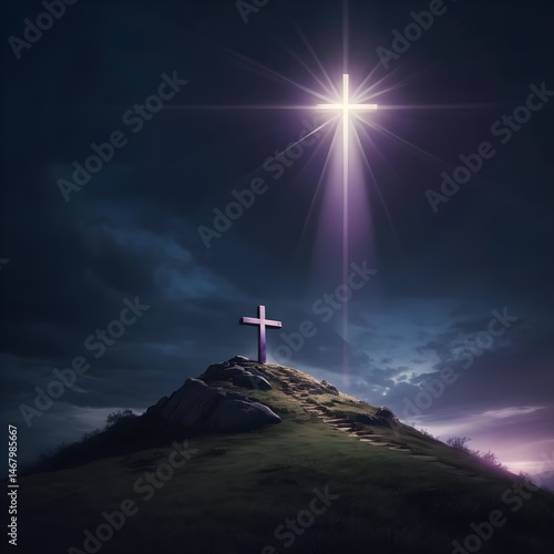 Cross on Hilltop at Night with Heavenly Light