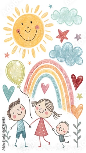 oyful Children's Day Doodles. This flat, hand-drawn illustration features smiling kids, a happy sun, rainbow, and hearts. A whimsical celebration of childhood creativity and happiness!