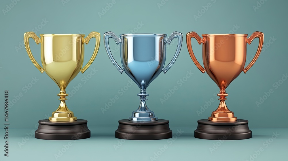 Gold with Silver, Bronze Trophies lined up, and ready for champions. Gold with Silver, Bronze Trophies lined up, and ready for champions.