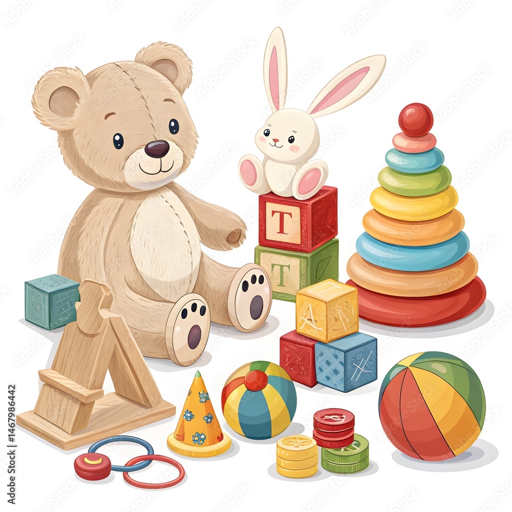 Obraz premium Children's Day World of Playful Toys. A collection of colorful toys including a teddy bear, blocks, and a stacking tower. Happy Children's Day!