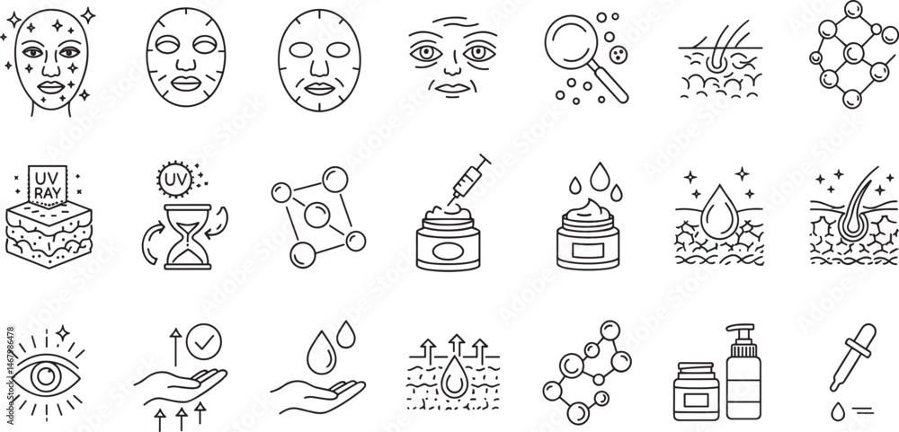 Skin care editable stroke outline icons set isolated on white background flat vector illustration. Skin care editable stroke outline icons set isolated on white background flat vector illustration.
