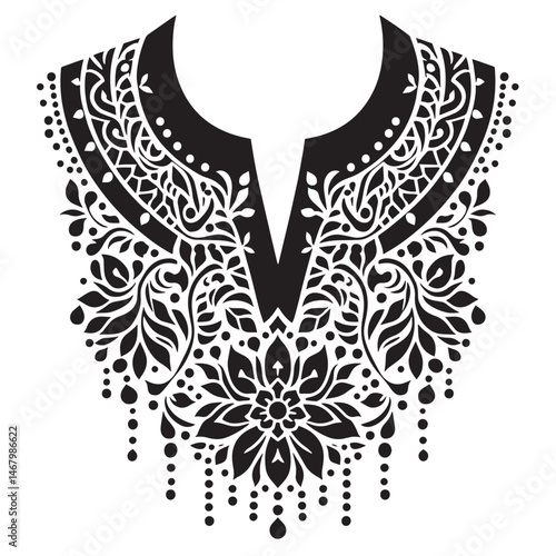 Elegant vector illustration of intricate floral neckline pattern for clothing designs