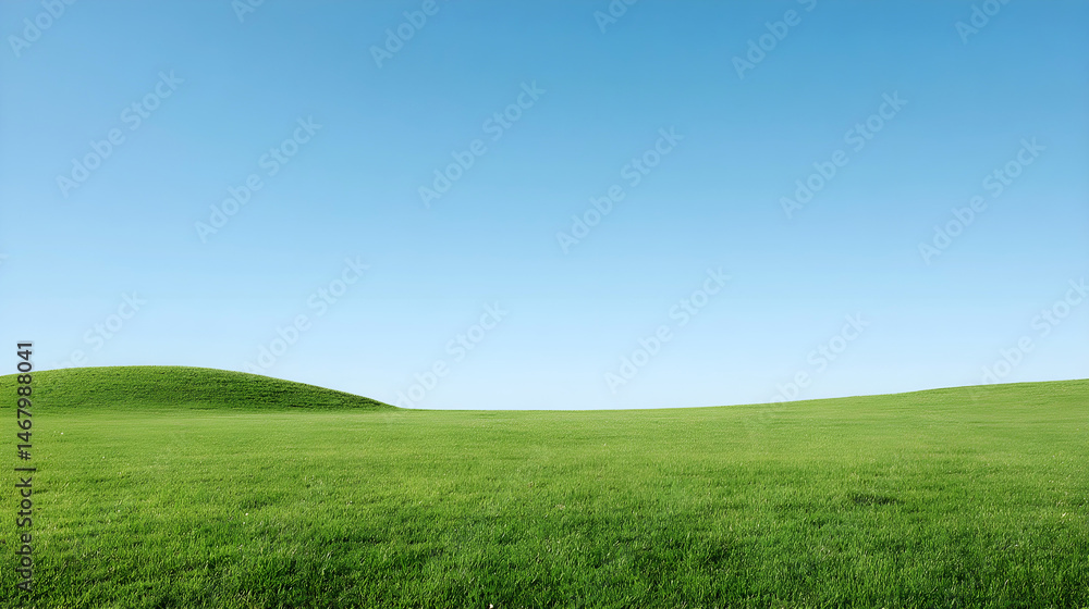 Fototapeta premium Green grassy field under clear blue sky on a sunny day