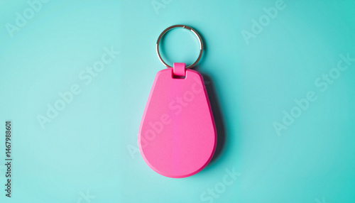 Bright pink rubber keychain on teal background, colorful accessory