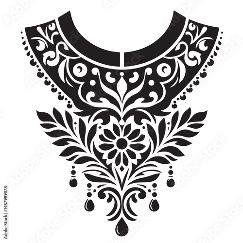 Elegant black and white vector design of ornate floral neckline element with decorative flourishes