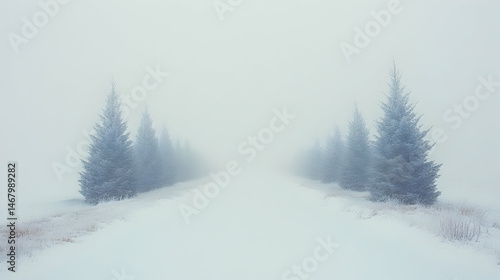 Wallpaper Mural A misty winter road lined with frosted evergreen trees disappearing into the fog Torontodigital.ca