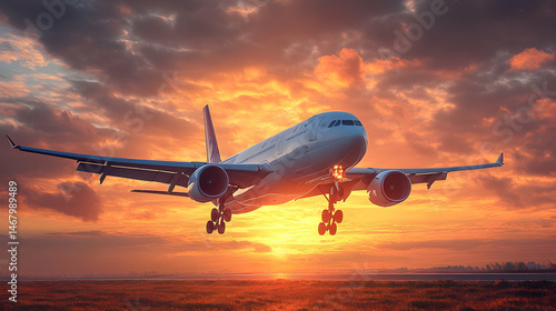 Airplane landing during a vibrant sunset