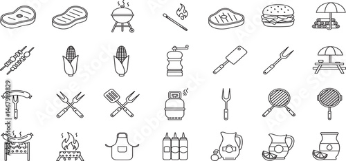 BBQ barbecue and grill related editable stroke outline icons set isolated on white background flat vector illustration.