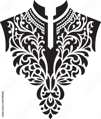 Elegant black and white vector design of a floral shirt collar and neckline decoration