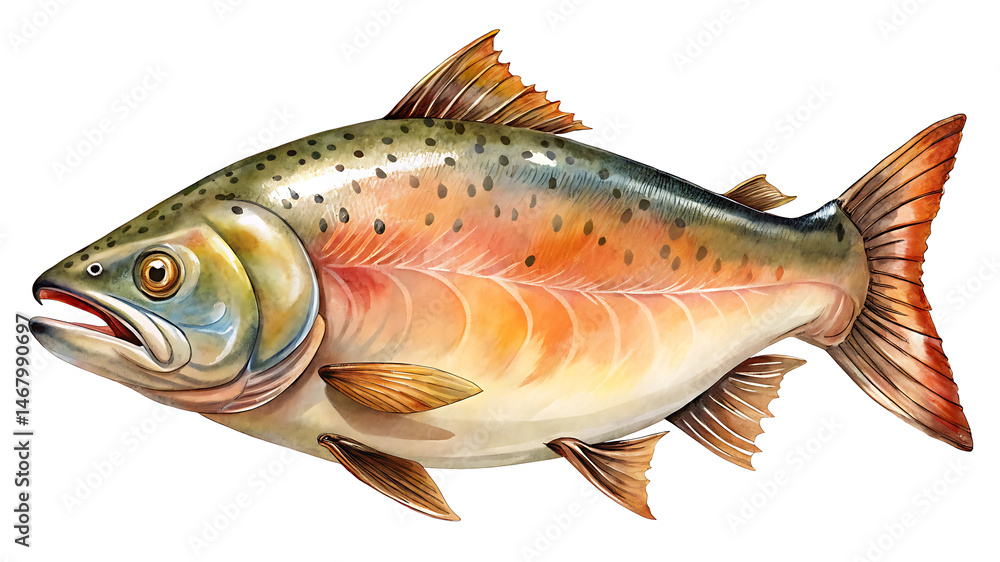 Watercolor illustration of a vibrant Arctic Char fish isolated on transparent background Watercolor illustration of a vibrant Arctic Char fish isolated on transparent background