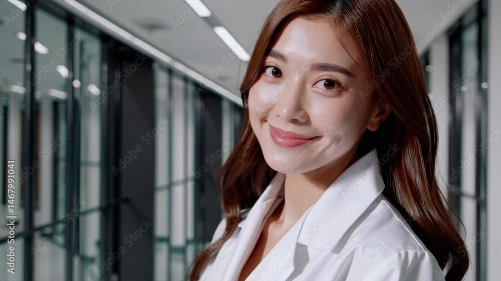 Confident young scientist smiles in modern lab corridor with reflective glass panels Confident young scientist smiles in modern lab corridor with reflective glass panels