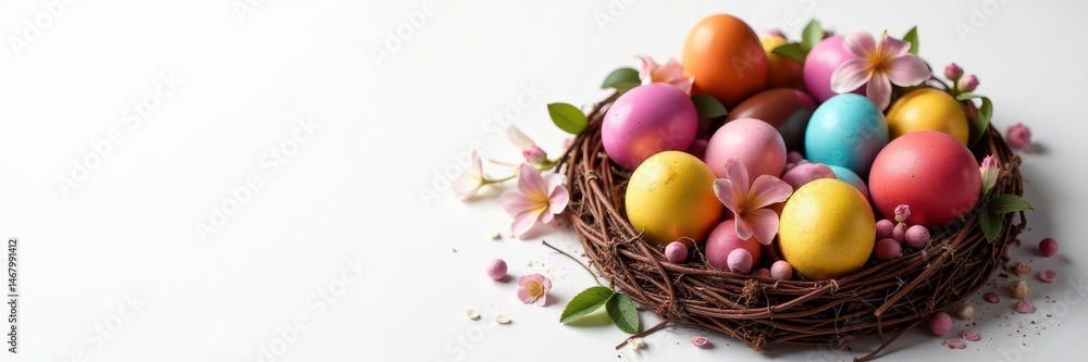 A vibrant chocolate Easter egg wreath, nestled on a white background , holiday, easter decoration, chocolate eggs A vibrant chocolate Easter egg wreath, nestled on a white background , holiday, easter decoration, chocolate eggs