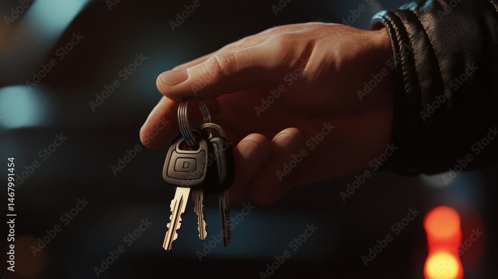 A 3D-rendered male hand is holding a set of car keys, visually emphasizing vehicle ownership or transfer