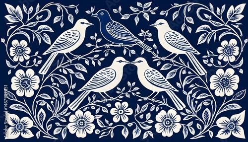 Blue and White Birds and Flowers Pattern