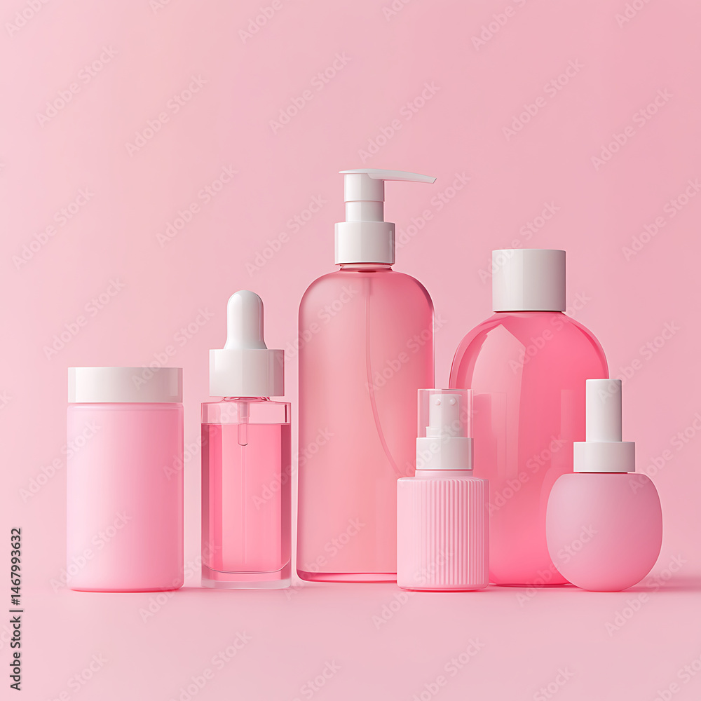 Pink Beauty Product Bottles and Jars on Pink Background Pink Beauty Product Bottles and Jars on Pink Background