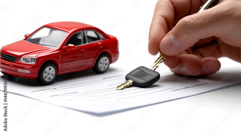 A man is signing a contract or insurance form for a vehicle, with car keys placed on the table, symbolizing a sales or lease agreement