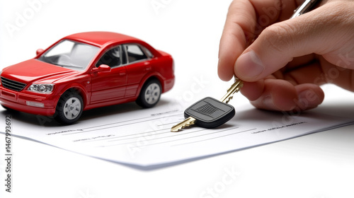 Obraz na płótnie A man is signing a contract or insurance form for a vehicle, with car keys placed on the table, symbolizing a sales or lease agreement w salonie