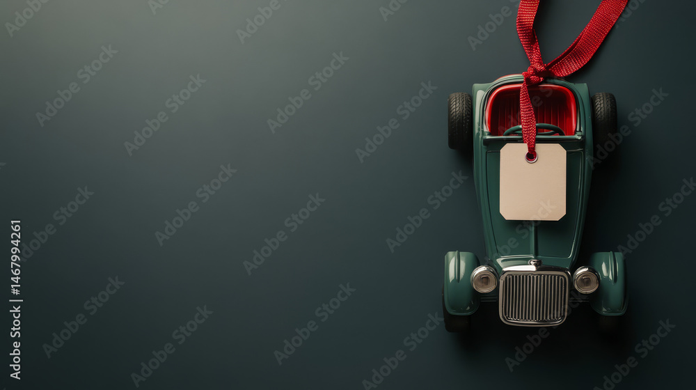 A top-down view of a toy car with a price tag placed on a neutral gray background