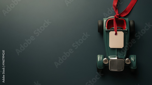 Obraz na płótnie A top-down view of a toy car with a price tag placed on a neutral gray background w salonie