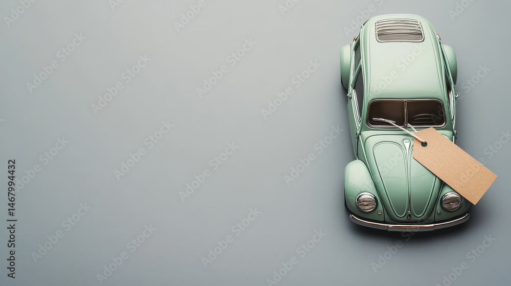 A top-down view of a toy car with a price tag placed on a neutral gray background