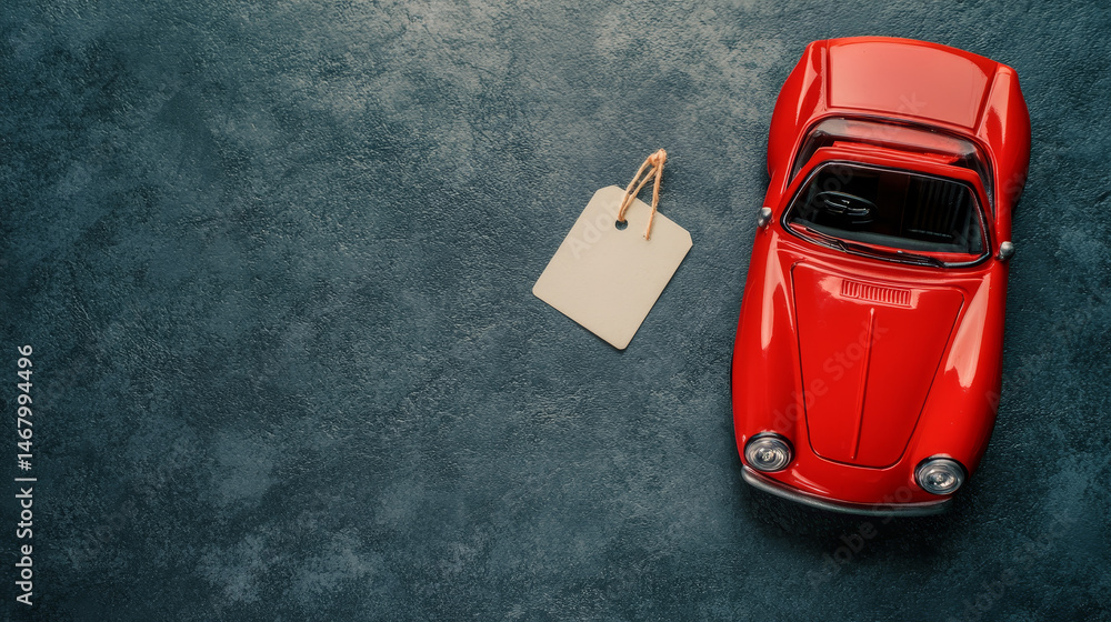 A top-down view of a toy car with a price tag placed on a neutral gray background