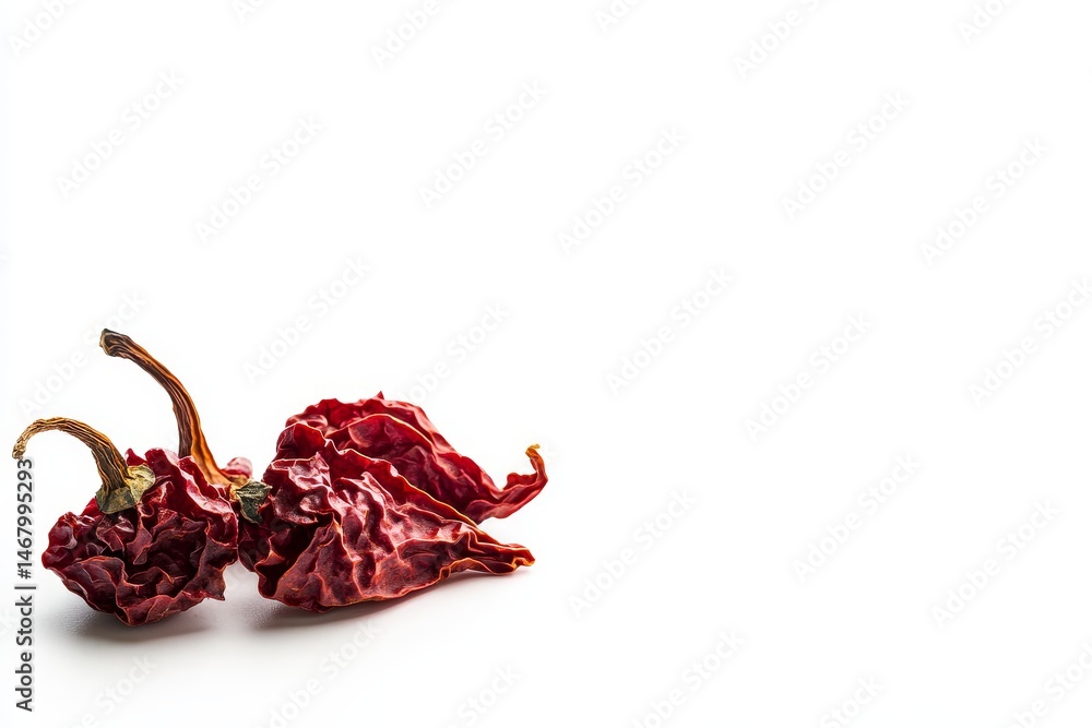 Fototapeta premium Dried Red Chili Peppers on White Background - Two dried red chili peppers isolated on a white background. Perfect for culinary or spice-related projects