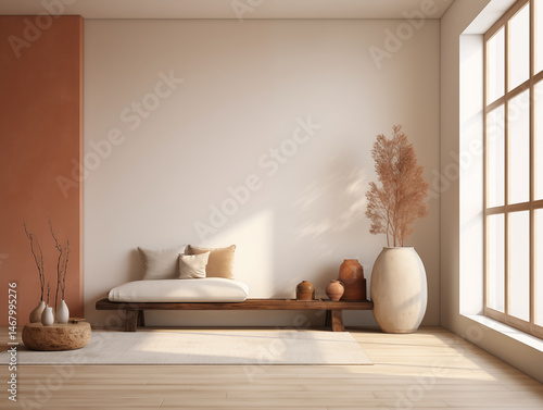 Minimalist japandi and wabi sabi style living room in light neutral tones and natural materials, with pottery decor and terracotta color accents. Japanese style living room. Minimalist interior.