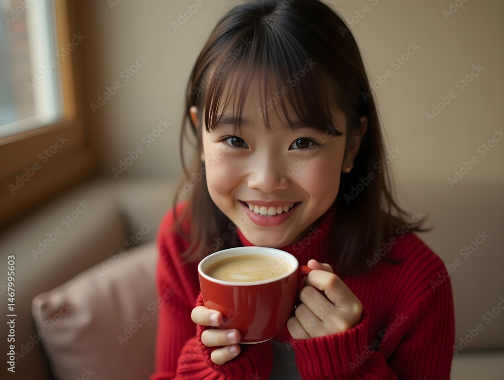 Asian woman in red sweater holding cup of coffee Asian woman in red sweater holding cup of coffee