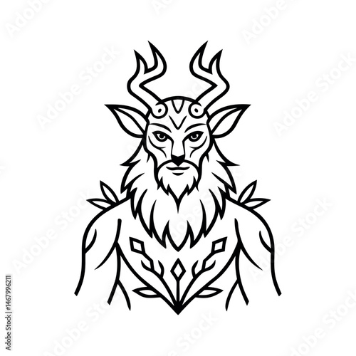 Mystical Forest Spirit Line Art Tattoo Vector