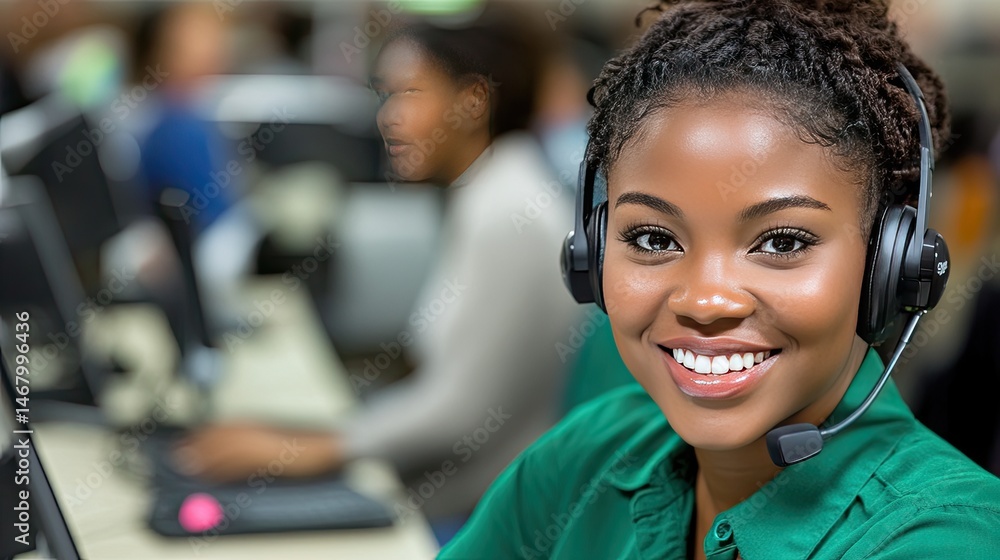 Smiling AfricanAmerican Support Agent with Headset in a Call Center. Smiling AfricanAmerican Support Agent with Headset in a Call Center.