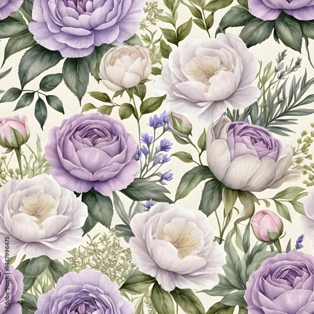 Obraz premium Seamless Pastel Purple and White Peony Floral Pattern