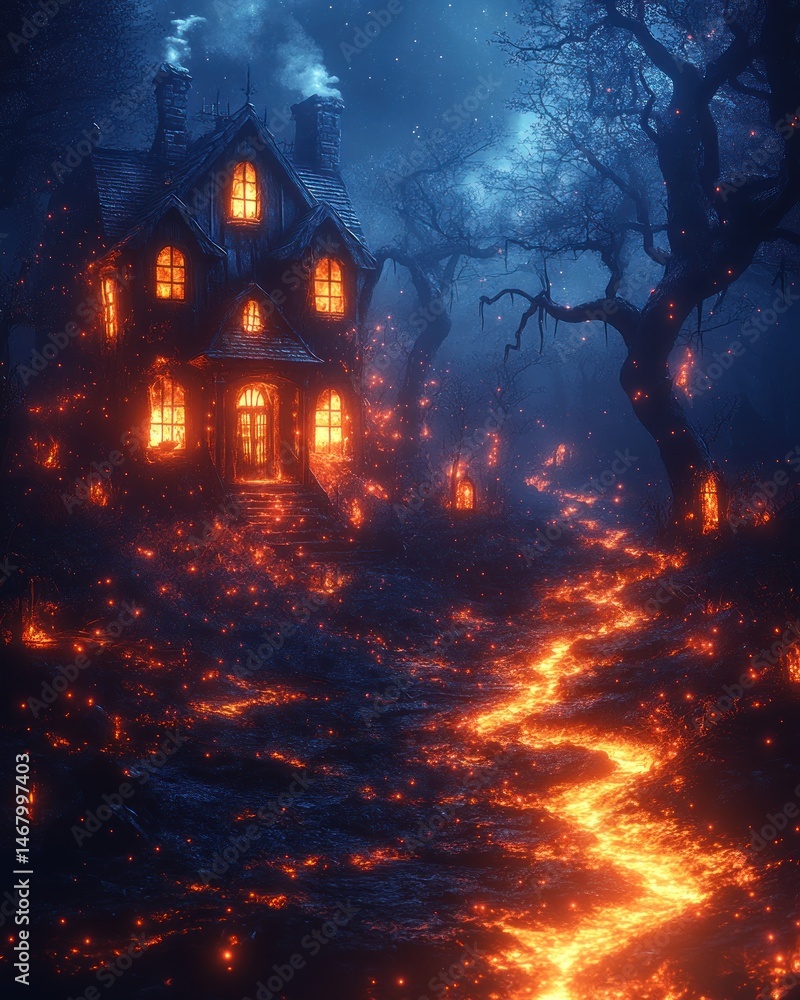 Haunted house on a fiery landscape at night Haunted house on a fiery landscape at night